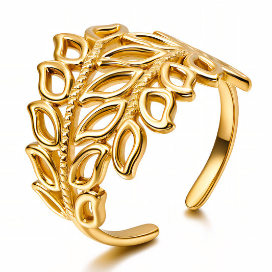 18K Gold Plated Steel Leaves Ring,