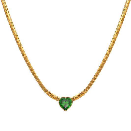 18K Gold Plated Steel Green Heart Necklace