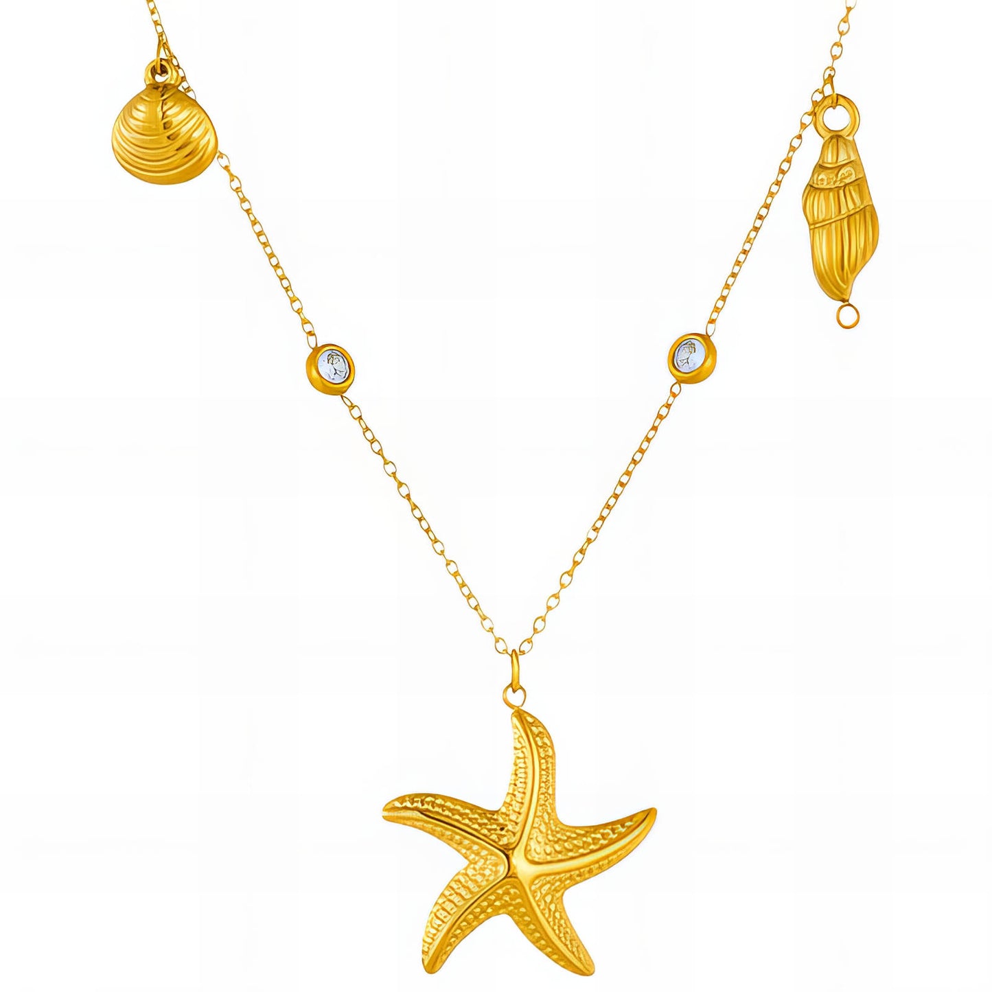 18K Gold Plated Steel Starfish and Seashell Necklace