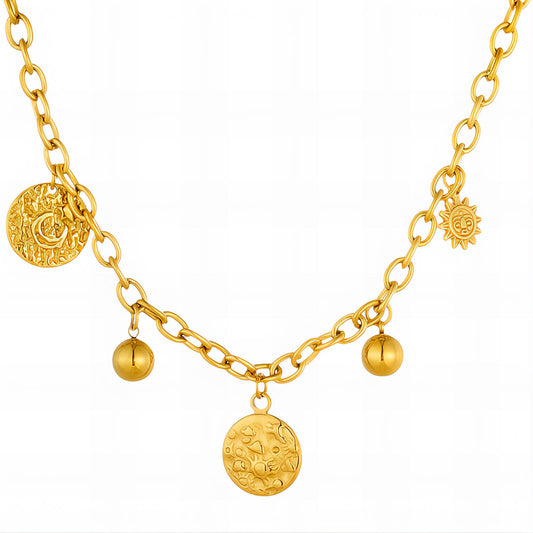 18K Gold Plated Steel Crescent and Star Necklace
